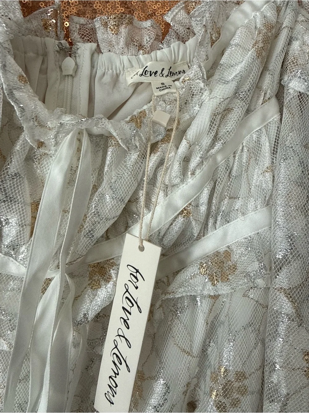 For Love And Lemons Ivory and Gold Metallic Lace Dress - Picture 3 of 3
